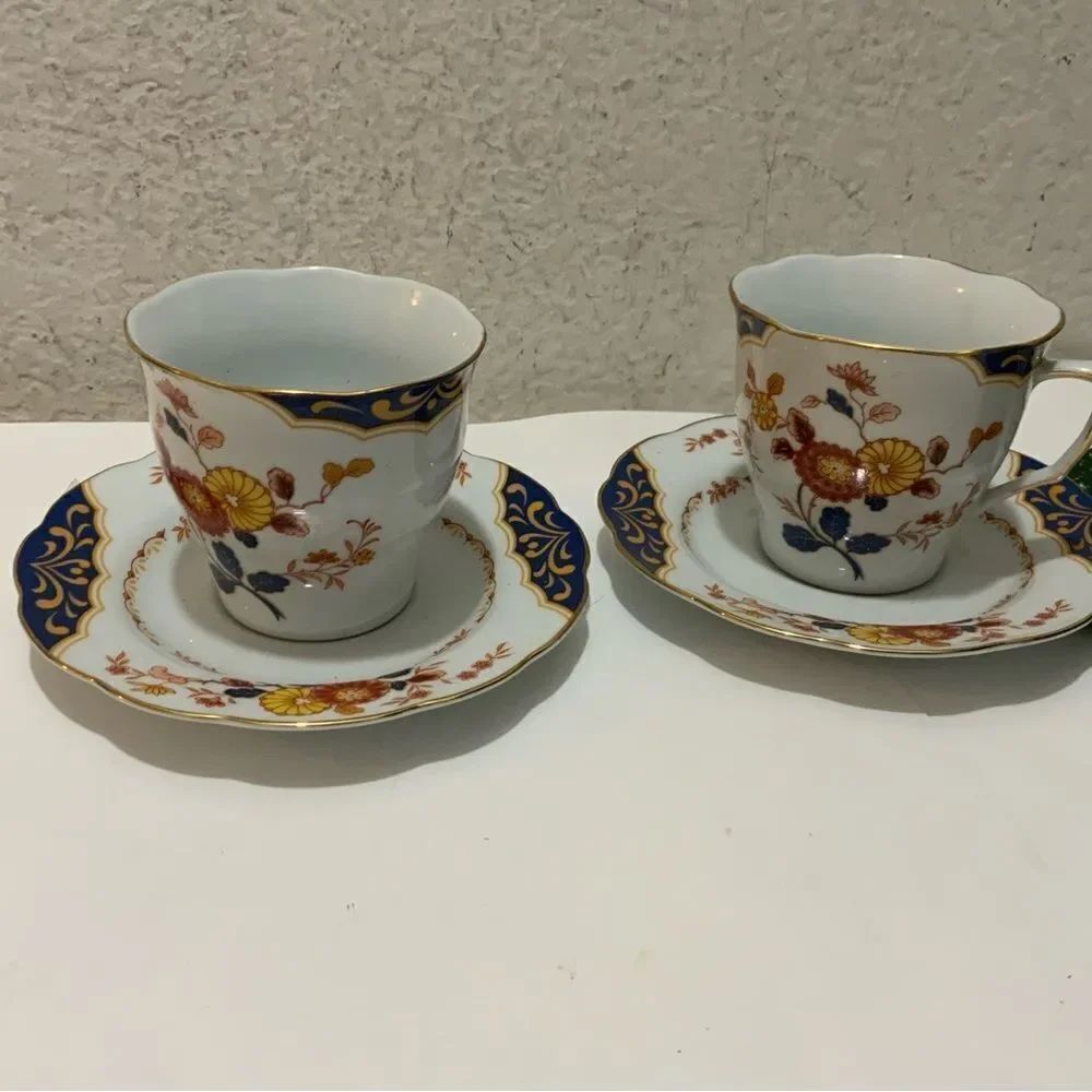 Premiere Fine China #ME217 Canton Cups Saucers Floral Blue Yellow Red set 2 G14